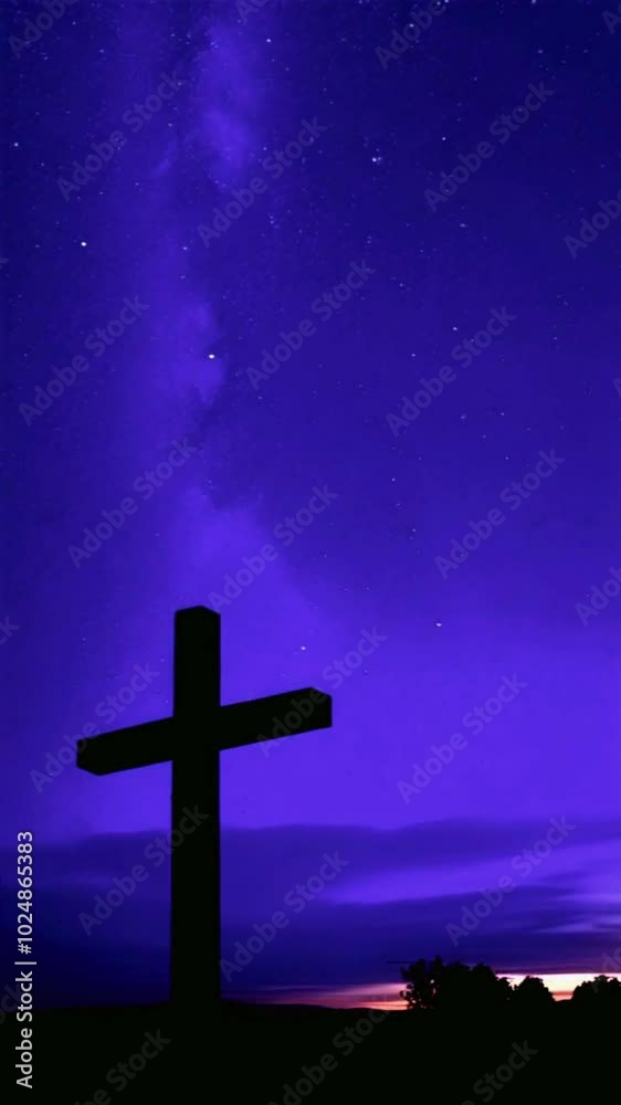 After a brilliant sunset, sky gradually darkens, revealing the first stars of the night. silhouette cross focus, deep blue and purple hues of the twilight sky, 4k vertical background Animation Video After a brilliant sunset, sky gradually darkens, revealing the first stars of the night. silhouette cross focus, deep blue and purple hues of the twilight sky, 4k vertical background Animation Video