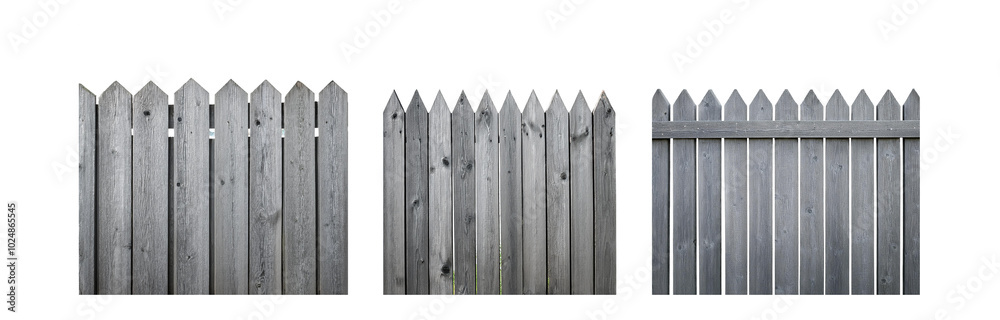 A gray wooden fence with pointed top rails. A gray wooden fence with pointed top rails.