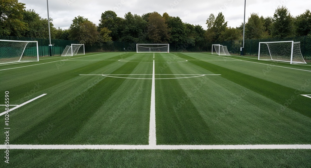 Fototapeta premium Empty soccer field with goalposts standing in the distance