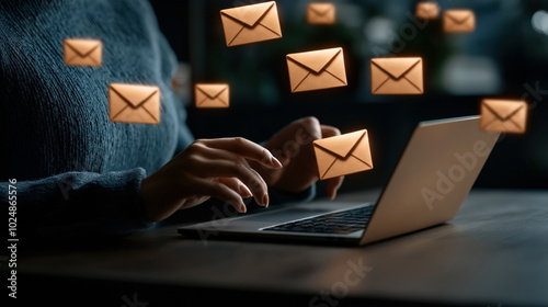 Person typing on a laptop with digital envelope icons floating around, illustrating email communication concept.