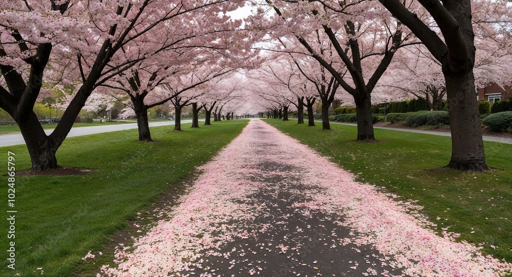 Fallen petals from cherry blossom trees scattered across path Fallen petals from cherry blossom trees scattered across path