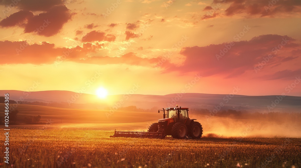 Tractor Plowing through Meadow at Sunset. Heavy Plough Cultivating Field Tractor Plowing through Meadow at Sunset. Heavy Plough Cultivating Field