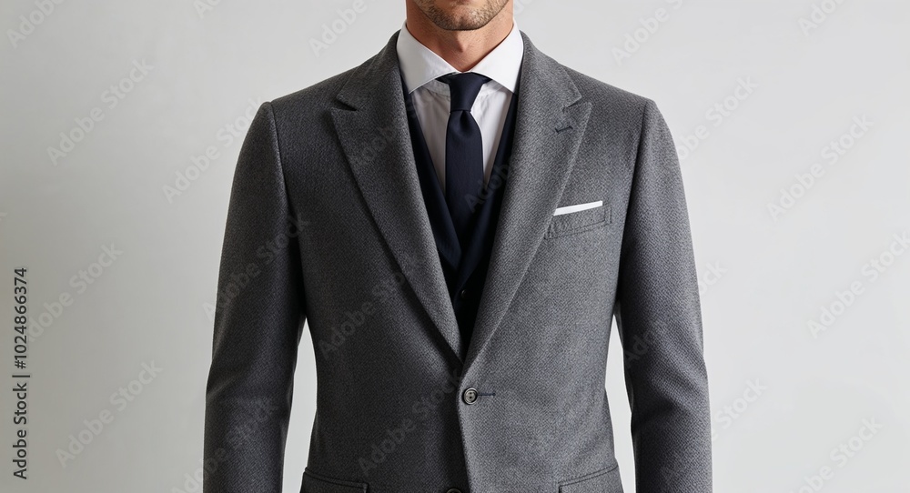 Grey wool blazer with slim lapel on plain white background Grey wool blazer with slim lapel on plain white background