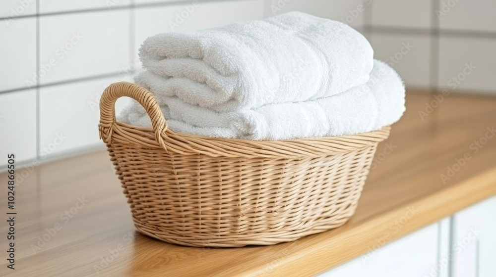Clean white towels neatly folded in a wicker basket on a wooden countertop in the laundry room. Clean white towels neatly folded in a wicker basket on a wooden countertop in the laundry room.