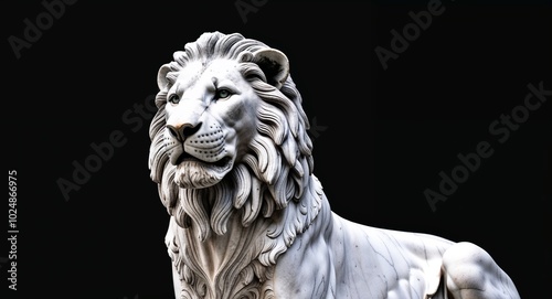 Lion marble statue closeup on plain black background