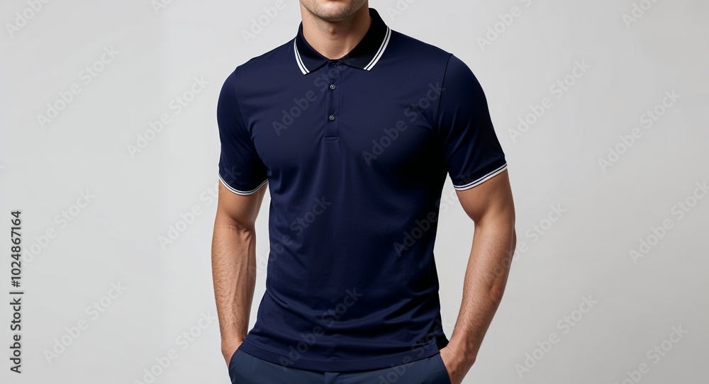 Navy blue slim fit polo shirt with contrasting collar on plain white background Navy blue slim fit polo shirt with contrasting collar on plain white background