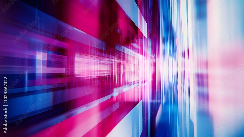 a vibrant, abstract representation of data trends with colorful lines and bars, suggesting statistical analysis or financial graphs. The blend of blue and pink tones creates a futuristic feel