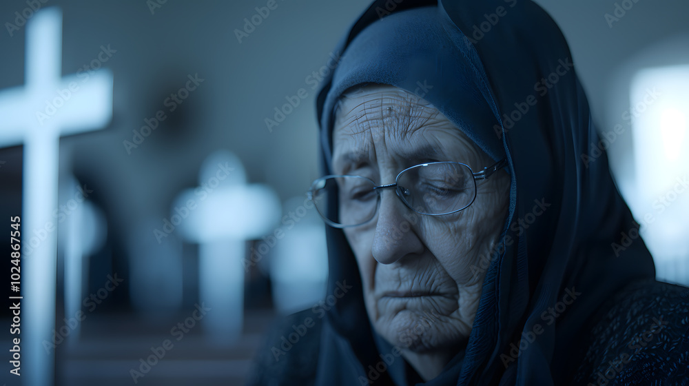 Sad Old Woman in Church Praying Intensely | A Moment of Reflection and Solitude in Spiritual Practice Sad Old Woman in Church Praying Intensely | A Moment of Reflection and Solitude in Spiritual Practice