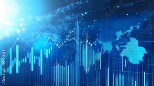 a vibrant blue financial chart displaying upward trends, with bar graphs and line graphs overlaid. A faint world map is visible in the background, enhancing the global perspective.