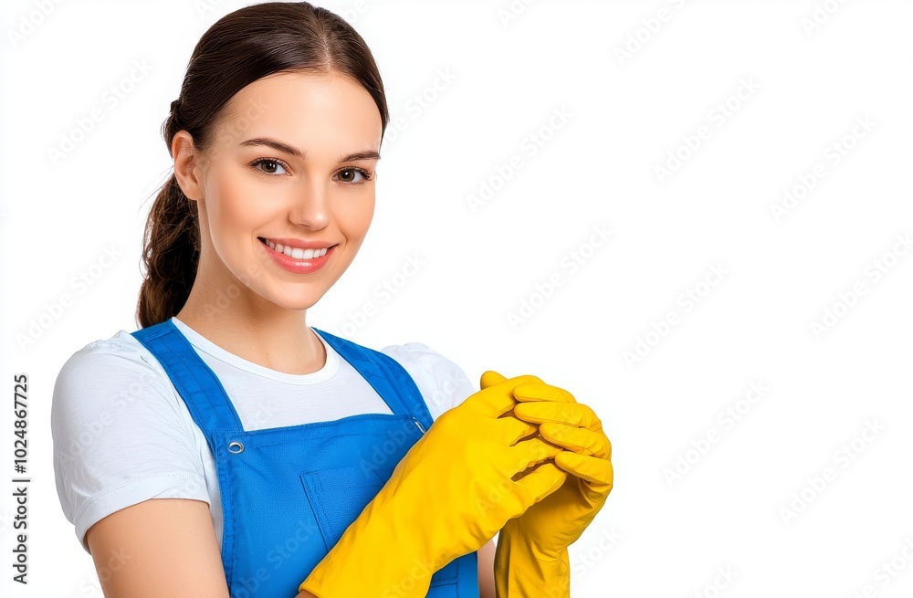A smiling woman in a cleaner's uniform crosses her arms in a portrait. A smiling woman in a cleaner's uniform crosses her arms in a portrait.