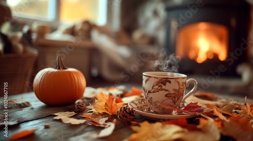 A warm fireplace, a pumpkin and a cup of tea, and autumn leaves strewn on a table create a lovely fall setting. Ideal for Halloween or Thanksgiving