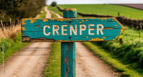 Old wooden signpost with chipped paint on rural path