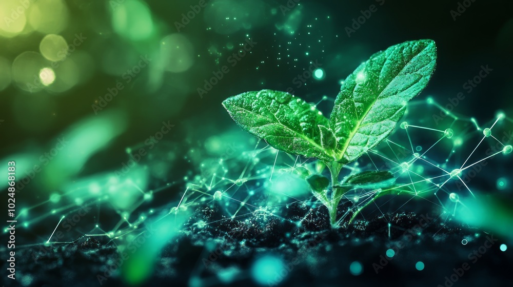 A small green sprout grows from the ground, connected by a network of glowing lines. A small green sprout grows from the ground, connected by a network of glowing lines.