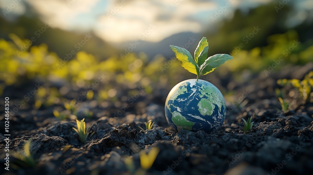 A small plant sprouts from a miniature Earth globe in a field of fertile soil, symbolizing the concept of environmental sustainability and the importance of protecting our planet. A small plant sprouts from a miniature Earth globe in a field of fertile soil, symbolizing the concept of environmental sustainability and the importance of protecting our planet.