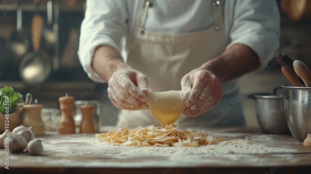 The chef is rolling out pasta dough by hand on a wooden surface The chef is rolling out pasta dough by hand on a wooden surface