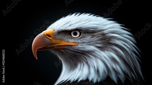 Close-up of a bald eagle's head with sharp beak and intense eyes, set against a dark background highlighting its white feathers and distinct features.