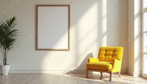 Minimalistic interrior desighn with yellow chair and blank canvas mockup on a wall. A 3D render of a minimalist living room with a yellow velvet chair and a large square picture frame on a wall photo