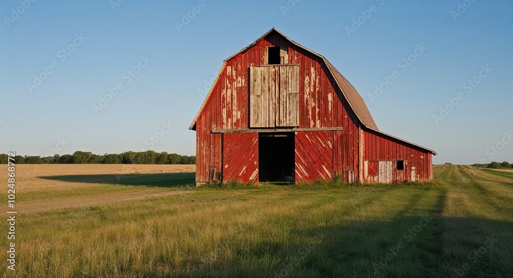 Rustic barn with peeling red paint standing in open field Rustic barn with peeling red paint standing in open field