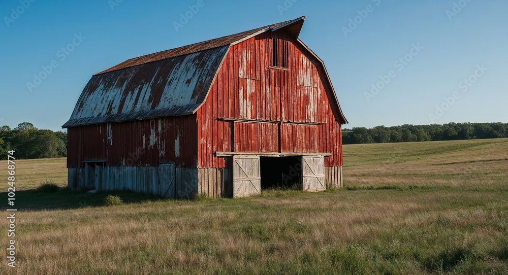 Rustic barn with peeling red paint standing in open field Rustic barn with peeling red paint standing in open field
