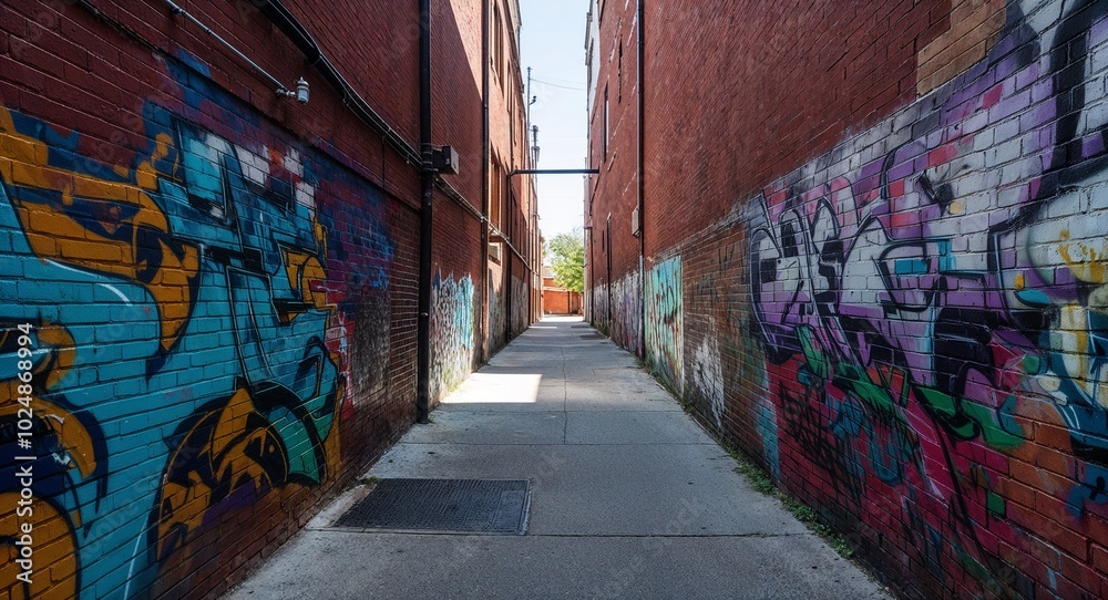 Fototapeta premium Shaded alleyway with graffiti covering brick walls