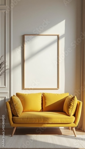 Minimalistic interrior desighn with yellow sofa and blank canvas mockup on a wall. A 3D render of a minimalist living room with a yellow velvet couch and a large square picture frame on a wall photo