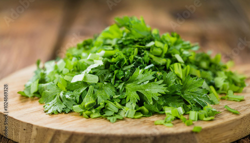 Fresh chopped parsley on wooden board. Cooking and culinary concept.