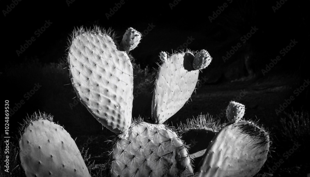 Fototapeta premium an artistic interpretation of a prickly pear cactus in black and white focusing on the interplay of light and shadow to accentuate the form and texture