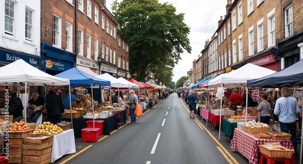 Fototapeta premium Street market stalls set up along the main road