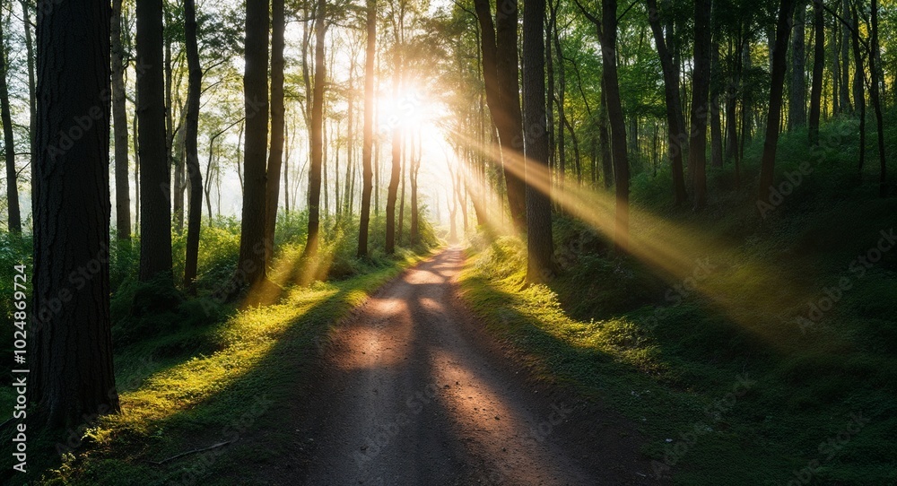 Obraz premium Sunlight filtering through trees along forest path