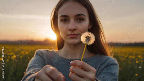 Portrait of young beautiful woman holding dandelion against sunset 