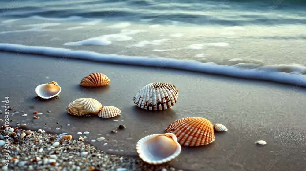 A line of seashells sits on the sandy beach, just above the foamy edge of the ocean water A line of seashells sits on the sandy beach, just above the foamy edge of the ocean water