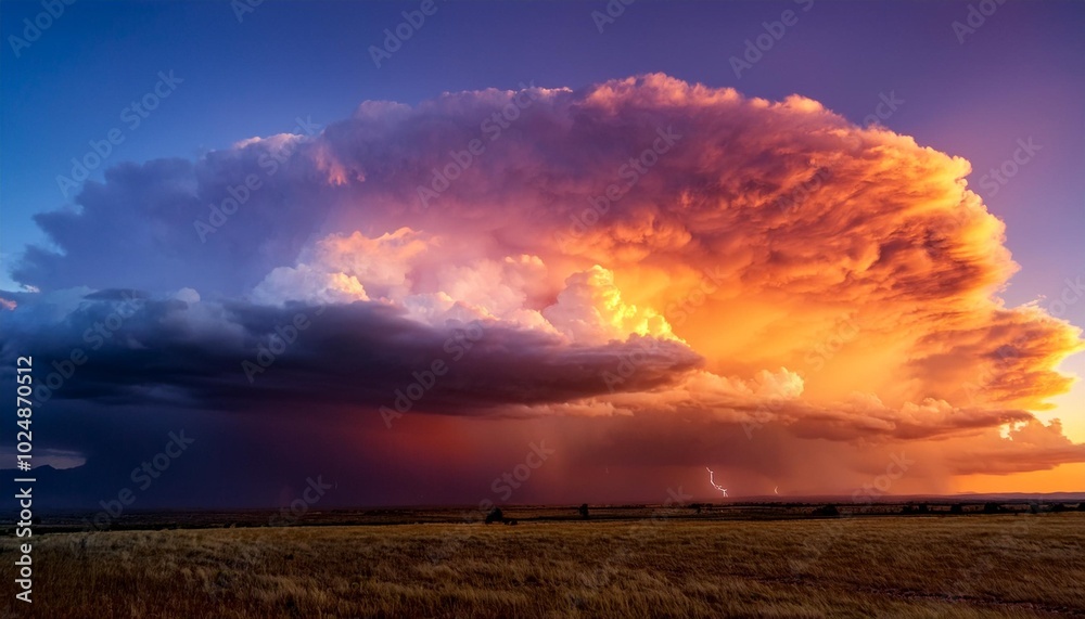 big bright colorful thunder cloud at sunset yellow orange lilac thundercloud with rain illuminated by the sun judgment day nature