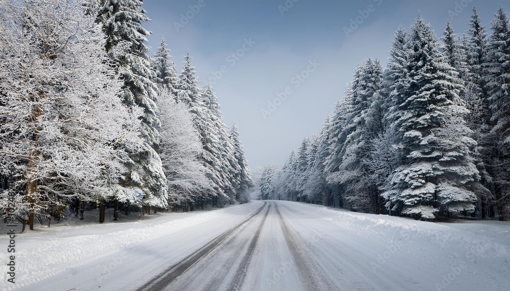 winter road and trees covered with snow