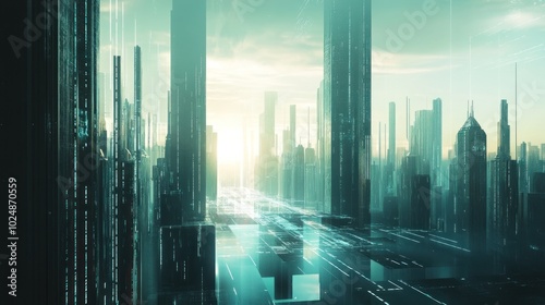 Futuristic Cityscape with Glass Towers and Digital Lines