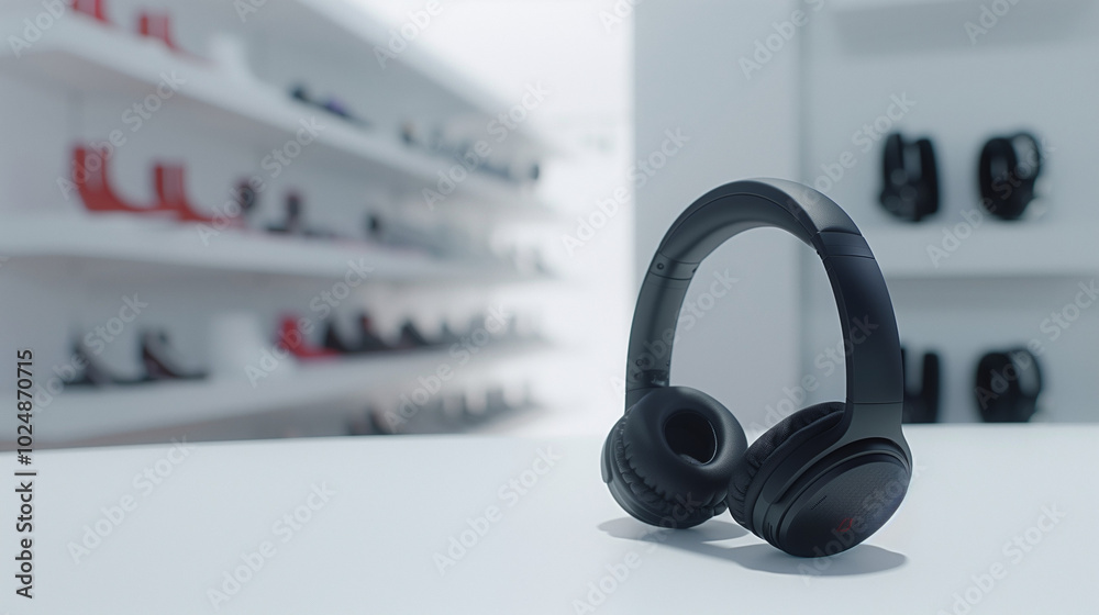 Sleek black headphones on white background, attractively positioned with slight tilt, symbolizing a sale, emphasizing modern design and audio technology. Sleek black headphones on white background, attractively positioned with slight tilt, symbolizing a sale, emphasizing modern design and audio technology.