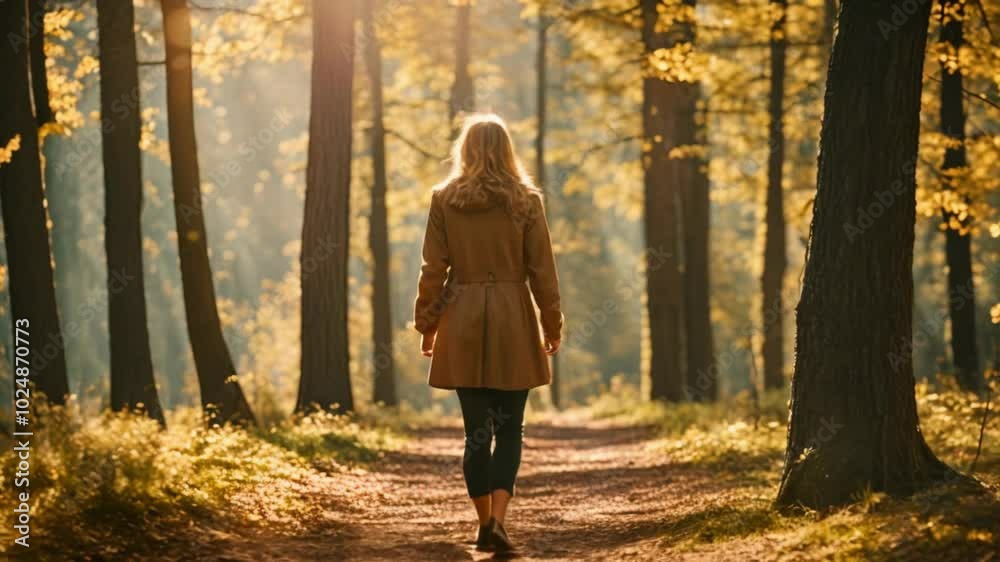 A content Caucasian woman is savoring the natural surroundings, encircled by trees in a forest landscape. The perspective captures her from behind as she walks through the woods on a pleasant autumn d A content Caucasian woman is savoring the natural surroundings, encircled by trees in a forest landscape. The perspective captures her from behind as she walks through the woods on a pleasant autumn d
