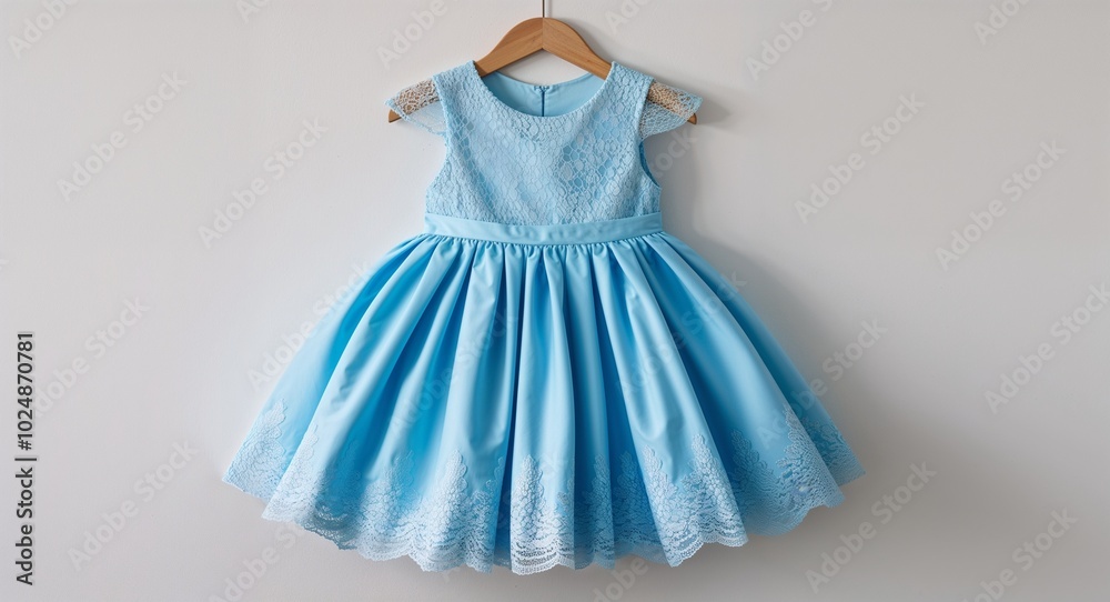 Baby blue fit and flare dress with lace overlay on plain white background Baby blue fit and flare dress with lace overlay on plain white background