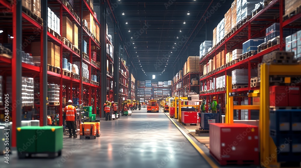 A large warehouse with high shelves stacked with boxes and forklifts moving in the aisles. A large warehouse with high shelves stacked with boxes and forklifts moving in the aisles.