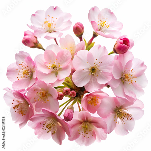 cluster of delicate pink cherry tree flowers, isolated against a white background, showcasing their beauty and intricacy.