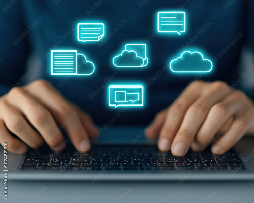A person typing on a laptop with floating digital icons representing cloud storage and messaging, emphasizing communication and technology. A person typing on a laptop with floating digital icons representing cloud storage and messaging, emphasizing communication and technology.