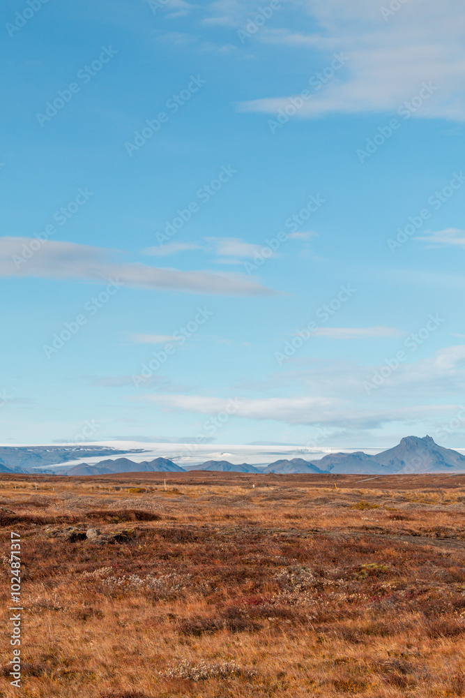 Langjökull glacier view across field near Gullfoss Langjökull glacier view across field near Gullfoss