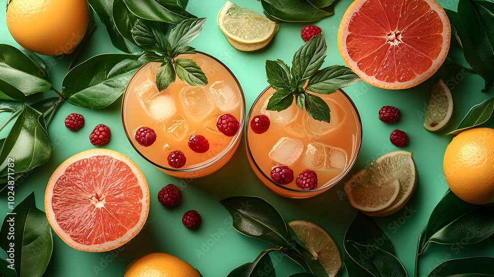 Refreshing cocktails with fruits and mint on a vibrant background. Refreshing cocktails with fruits and mint on a vibrant background.