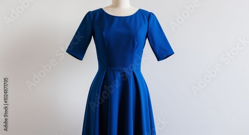 Blue A line dress with fitted bodice on plain white background