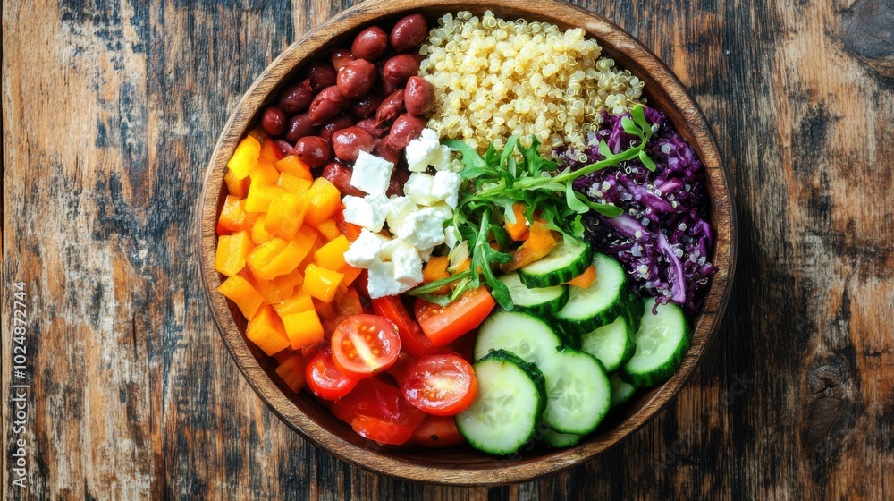 Colorful Mediterranean Grain Bowl with Quinoa, Vegetables, and Feta on a Rustic Wooden Table