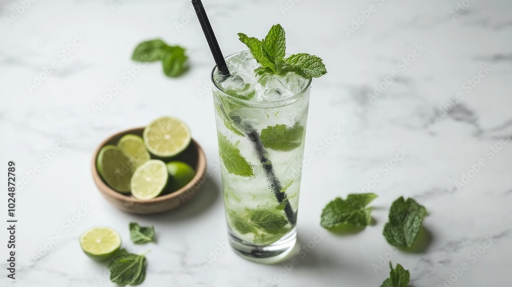 A tall glass filled with a refreshing drink, featuring ice, mint leaves, and lime wedges, sits on a marble surface. A tall glass filled with a refreshing drink, featuring ice, mint leaves, and lime wedges, sits on a marble surface.
