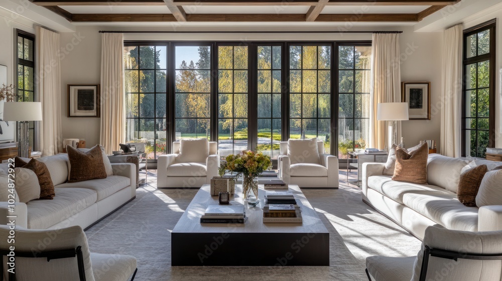 Fototapeta premium a living room with big windows in the middle featuring couches, chairs, and a coffee table