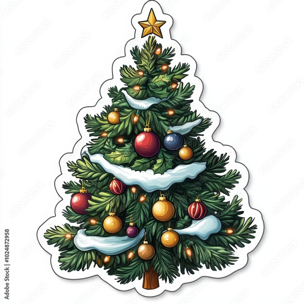 A Christmas-themed sticker in the shape of a tree, isolated on white background. A Christmas-themed sticker in the shape of a tree, isolated on white background.