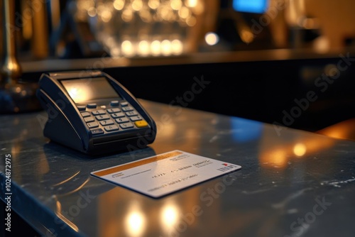 Payment Terminal and Credit Card on Marble Counter