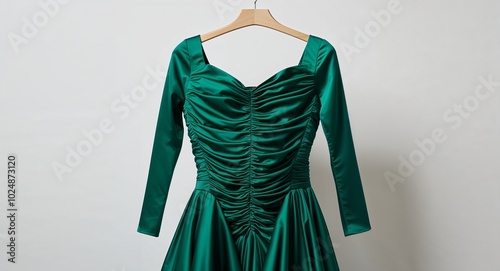 Emerald green gown with ruched detailing on plain white background