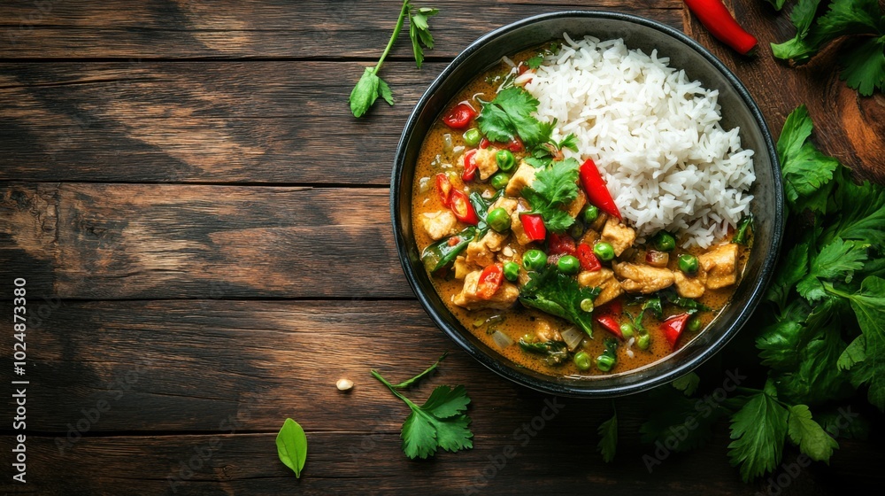 Aromatic Thai Green Curry Served with Jasmine Rice and Fresh Herbs on a Wooden Table Aromatic Thai Green Curry Served with Jasmine Rice and Fresh Herbs on a Wooden Table